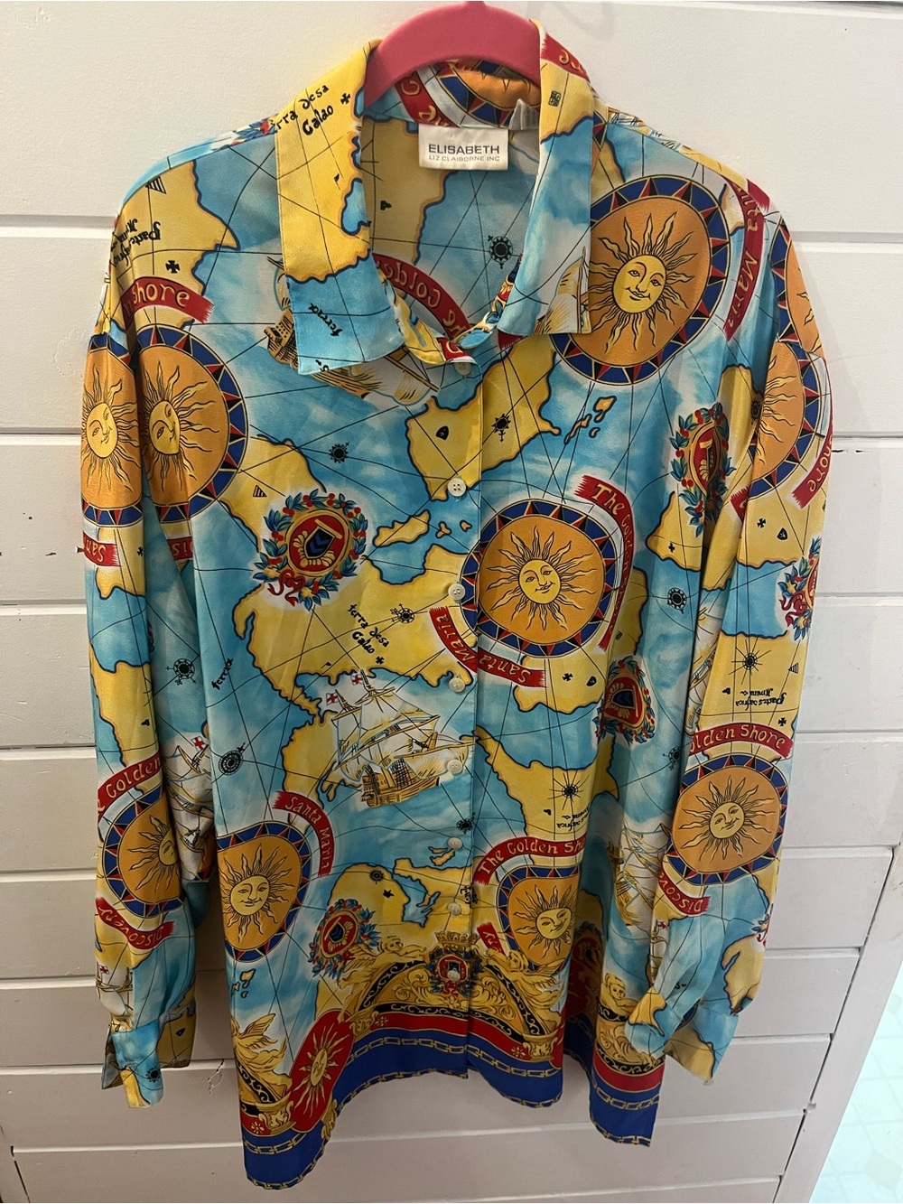 Elisabeth by Liz Claiborne Nautical Map Sun Printed Blouse Button Down Size 1X